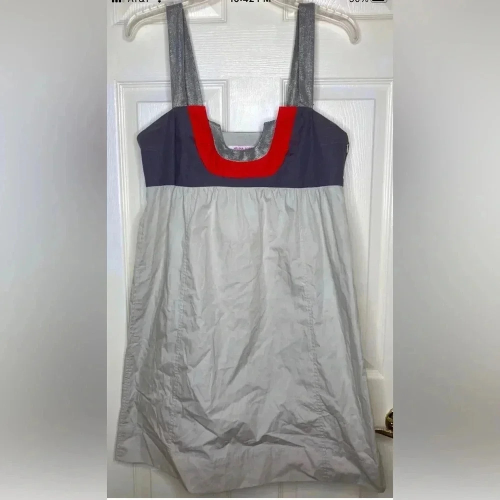 Women HELENA SOREL Gray Red Sleeveless Babydoll Dress Sz 42 10 EUC Y2K Vintage